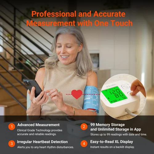 Vista 9 de iHealth Track Smart Monitor de presión arterial de brazo superior con manguito de amplio rango que se adapta a brazos de adulto estándar a grandes