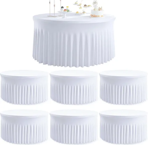 Vista 42 de Paquete de 6 manteles redondos de elastano azul bebé para mesa de 60 pulgadas, manteles elásticos de 120 pulgadas ajustables de 5 pies, manteles