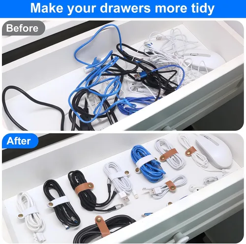 Vista 4 de Coideal - Organizador de cables de cuero, 20 piezas para cables de auriculares, reutilizables, USB, con clips de cable a presión para teléfono Blanco