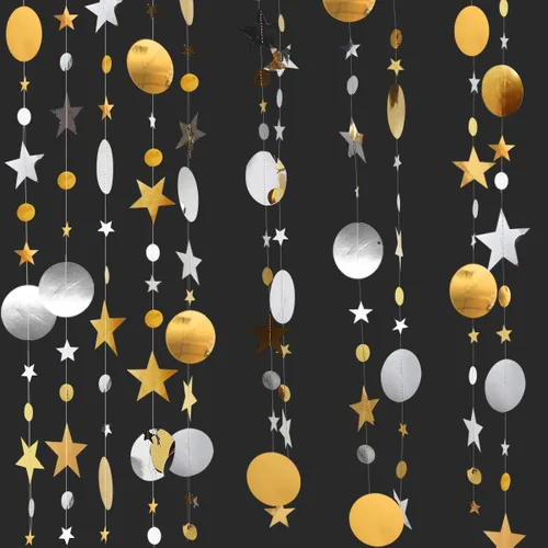 Vista 6 de Decor365 Guirnalda de estrellas plateadas y doradas, decoración de cumpleaños, baby shower, graduación, fiesta, Navidad, Año Nuevo, bandera, luna