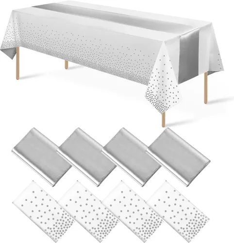 Vista 20 de 8 paquetes de manteles de plástico desechables y juego de camino de mesa de satén negro con dorado, mantel de satén dorado para graduación, boda