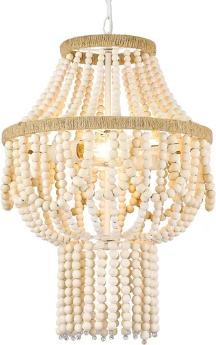Vista 9 de ELYONA Candelabro grande de madera de abedul con cuentas de 3 luces, 16 pulgadas, estilo bohemio, estilo granja, luz colgante rústica, lámpara