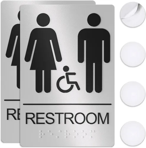 Vista 13 de Letreros unisex de baño, letrero de baño para negocios, para hombres y mujeres, 9 x 6 pulgadas, compatible con la ADA con Braille, adhesivos fuertes