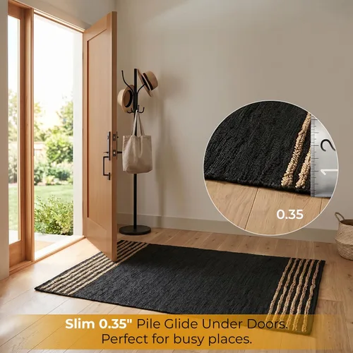 Vista 3 de GRUHUM - Alfombra de yute de cuero negro de 2 pies 6 pulgadas x 10 pies, trenzado a mano natural Leather Cotton & Jute Boho Vintage Rustic Pet Kid