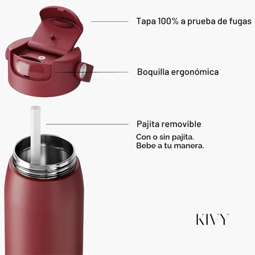 Vista 5 de KIVY Botella de agua de acero inoxidable con pajita 24oz - 24h fría 12h Rojo oscuro