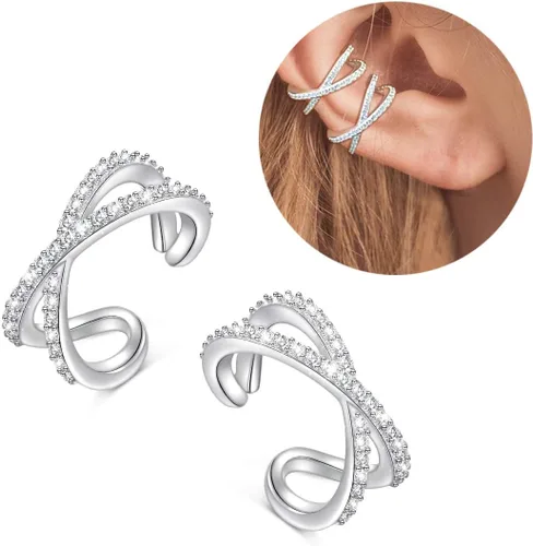 Vista 2 de Regalos de cumpleaños, aretes de aro de plata de ley 925 sin perforaciones, para mujeres y niñas, juego de 2