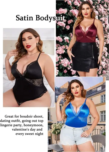 Vista 6 de Avidlove Lencería de talla grande para mujer, sexy, con broche en la entrepierna, body de satén en V profundo, ropa de club L4XL