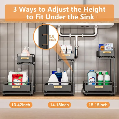 Vista 2 de Organizador bajo el fregadero, Organizador de 2 niveles alto y ajustable bajo el fregadero de la cocina, estante de almacenamiento multiuso