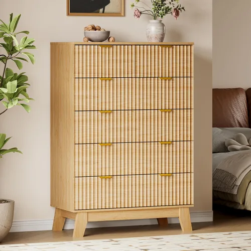 Vista 63 de BORNOON Cómoda acanalada de 3 cajones, 30.3 pulgadas de alto, cómoda bohemia compacta y moderna, armario de almacenamiento de madera