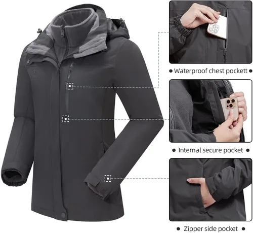 Vista 9 de CAMEL CROWN Chaqueta de esquí impermeable 3 en 1 para mujer, abrigo de invierno rompevientos, chaquetas de snowboard para lluvia, nieve, senderismo