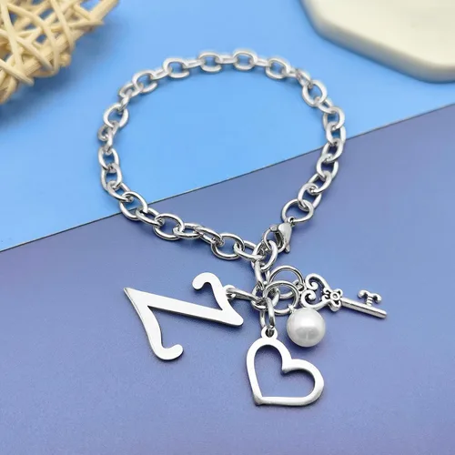 Vista 3 de Pulseras con inicial de la A a la Z, regalo para mujeres y niñas, pulsera de cadena de acero inoxidable con 26 letras del alfabeto, regalos