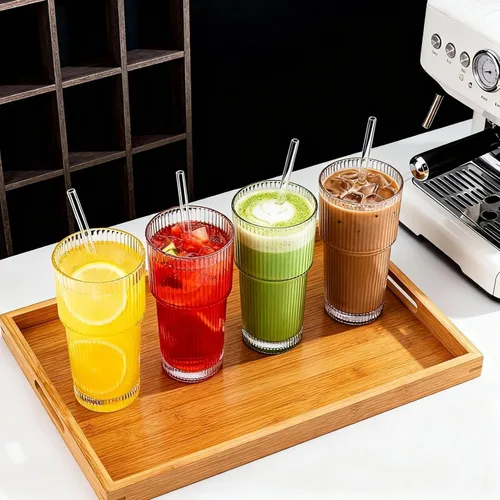 Vista 4 de Vaso de vidrio acanalado de 20 onzas, tazas de café helado con tapas y pajitas, vaso grueso reutilizable para llevar, ideal para café, batidos