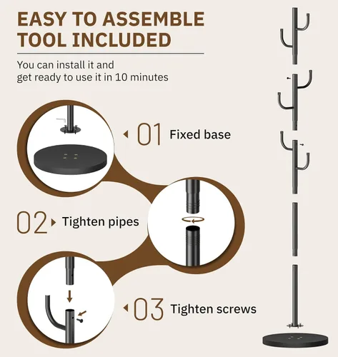 Vista 7 de MISSLO Perchero resistente independiente de 4 tamaños ajustables con base de madera estable, soporte de pie con 6 ganchos para colgar ropa, árbol
