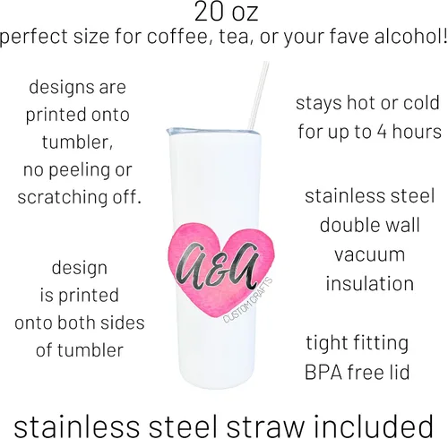 Vista 2 de Because I Said Fucking So Watercolor Heart 20 oz Funny White Tall Slim Skinny Stainless Steel Tumbler Travel Mug with Straw