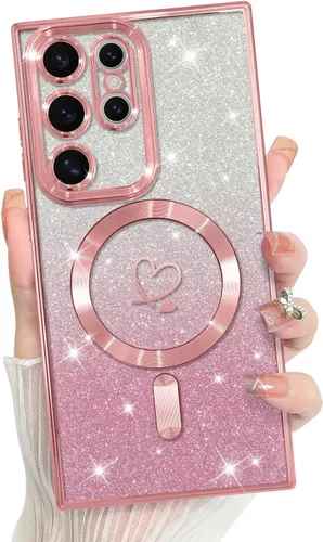 Vista 623 de Bonoma - Funda compatible con Samsung Galaxy S21 Plus, diseño de corazón con purpurina, color rosa Support for MagSafe, Plating Magnetic Case TPU