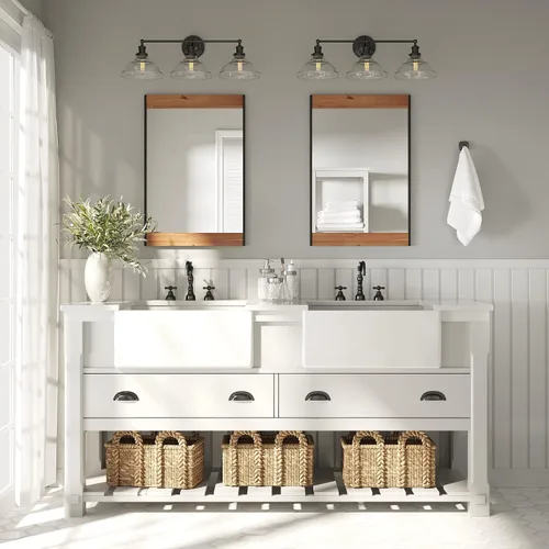 Vista 2 de Barnyard Designs Espejo de pared de madera estilo casa de campo de 24 x 36 pulgadas, espejo moderno con marco de metal rústico y madera para tocador
