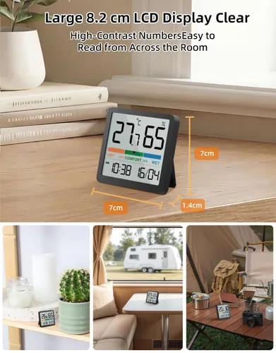 Vista 5 de NOKLEAD Termómetro higrómetro para interiores, mini monitor digital de temperatura y humedad de escritorio con indicador de comodidad y reloj