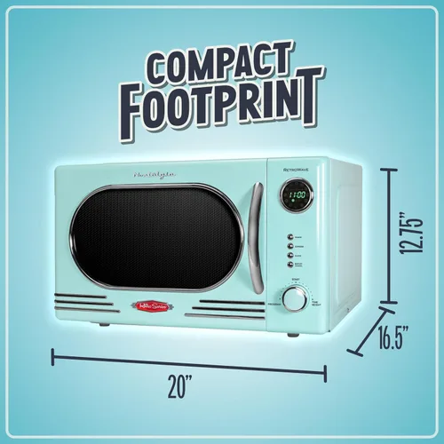 Vista 137 de Nostalgia Horno microondas retro compacto para encimera, 0.7 pies cúbicos, 700 vatios con pantalla digital LED, bloqueo para niños, interior fácil
