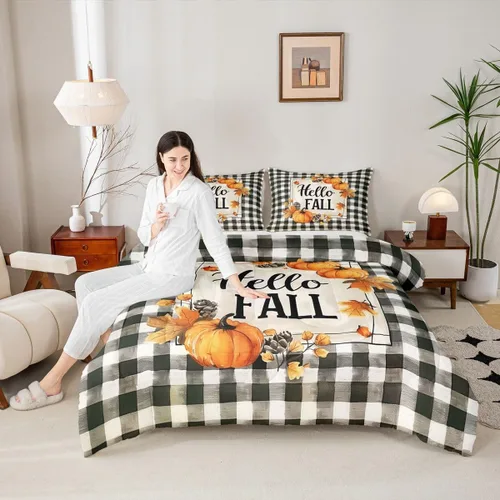 Vista 5 de Juego de edredón de calabaza de otoño tamaño individual para niños y niñas, juego de ropa de cama para niños, mujeres y hombres, ultra suave