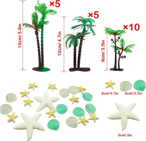 Vista 3 de 42 piezas de palmera de coco, 20 piezas de mini palmeras artificiales de plástico, 22 piezas de concha y estrellas de mar para decoración