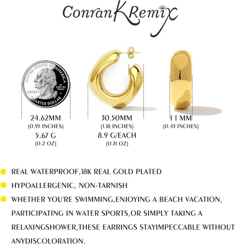 Vista 2 de Aretes de aro gruesos de oro impermeables para mujer, no se deslustra, chapados en oro, hipoalergénicos, abiertos, aretes huecos ligeros Dorado