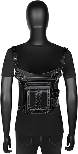 Vista 5 de Steampunk - Riñonera de piel gótica con diseño de calavera, bandolera cruzada con hombros y muslos y caderas, para mujeres y hombres, WP-BG065BK