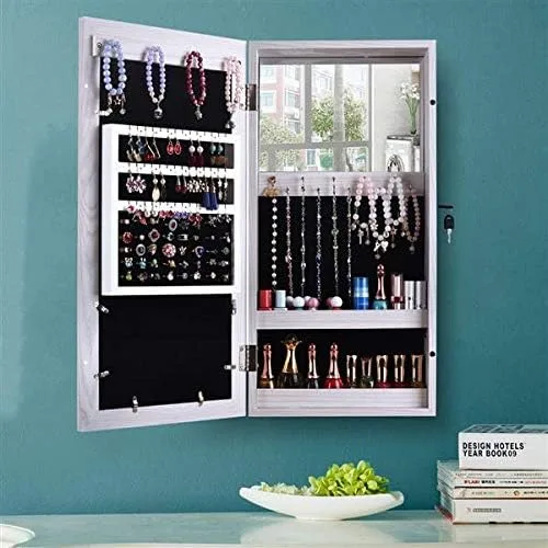 Vista 9 de Armarios de madera para colgar con marco de fotos, armario de joyería con cerradura con espejo interior, caja organizadora de joyas para ahorrar
