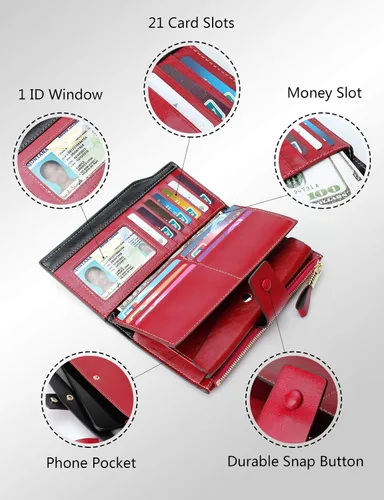 Vista 4 de DemonHunter Cartera de piel auténtica con bloqueo RFID de gran capacidad para mujer DZA2083 DZA2083J x Borgoña Cartera RFID