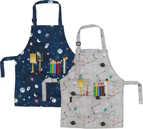 Vista 9 de Delantales de Cocina para Niños BeeGreen con Correa Ajustable Delantales de Cocina con Bolsillo Delantero para Niños Pequeños Pintura Hornear Artista