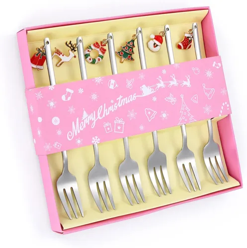 Vista 10 de Juego de cubiertos dorados de Navidad para postre, cubiertos de acero inoxidable, 6 piezas, utensilios de aperitivo con mango de abalorios