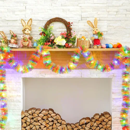 Vista 4 de Chuangdi Guirnalda de oropel de Pascua de 16.4 pies con tira de luces LED, guirnalda de alambre metálico con alambre metálico, decoración