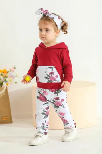 Vista 4 de Eghunooy Conjunto de sudadera con capucha floral de manga larga para bebé niña con bolsillo y diadema