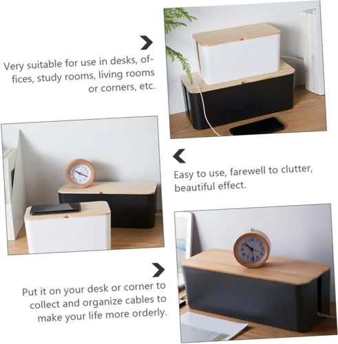 Vista 6 de Toyvian Cable Storage Box with Natural Wood Lid, Medium round Holed Wire Organizer Case for Power Strip and Charger, Anti-electric Socket Cable