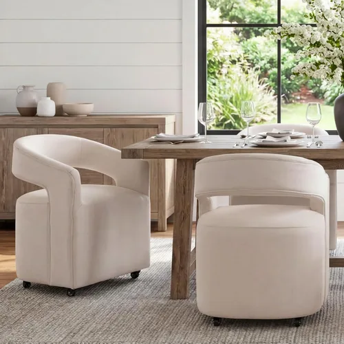 Vista 15 de DUOMAY Silla de comedor tapizada moderna con ruedas giratorias, juego de 1, silla auxiliar con respaldo de barril de lino, silla de tocador