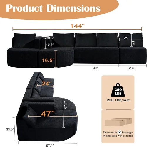 Vista 2 de Sofá modular modular de 144 pulgadas, sofá de nube en forma de U de gran tamaño, color negro No Assembly Required • 22" Deep Memory Foam Seat •