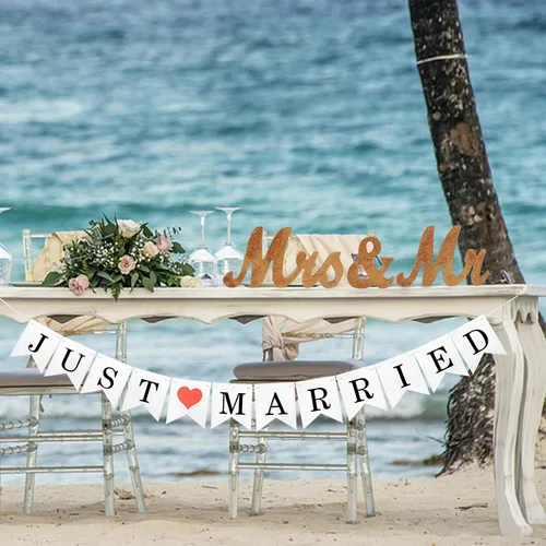 Vista 3 de Letras de madera y pancarta para boda - Just Married & Mr. & Ms. Decoración - Oro champán