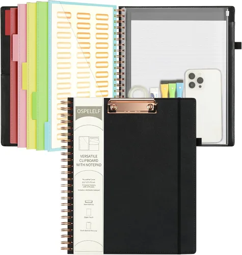 Vista 11 de Portapapeles de cuero Ospelelf con portafolio y bolsa con cremallera de almacenamiento, portapapeles espiral con bloc de notas para tamaño carta, 5