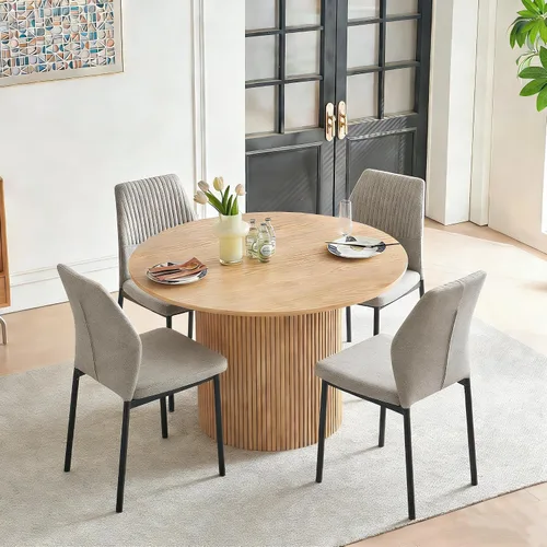 Vista 9 de Juego de mesa de comedor para 4, mesa de comedor rectangular irregular de madera moderna, sillas de comedor de cuero, 4 mesas y sillas, juego de 4