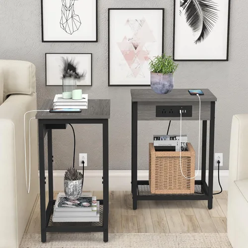 Vista 2 de Mesita de noche con estación de carga, mesa auxiliar para dormitorio con puertos USB y tomacorrientes, soporte moderno para tocadiscos, mesa