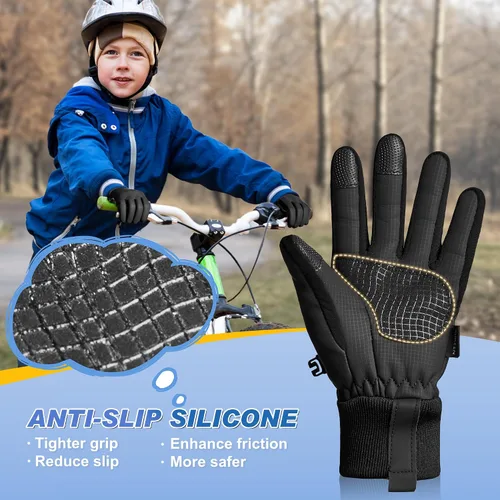 Vista 4 de Sukeen Guantes cálidos de invierno para niños y niñas, resistentes al viento, guantes de poliuretano para clima frío de 4 a 14 años, guantes