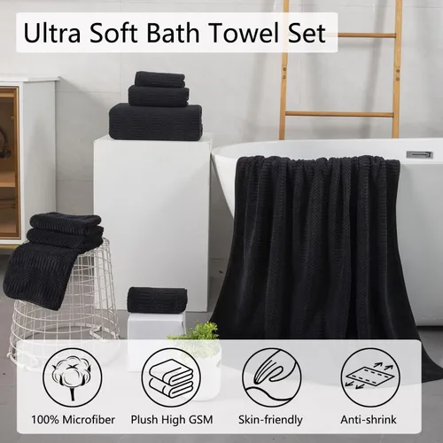 Vista 2 de Juego de 4 toallas de baño grandes de 35"x70" pulgadas, color negro, sábanas de baño extra grandes, toallas jumbo de gran tamaño de 600GSM, suaves