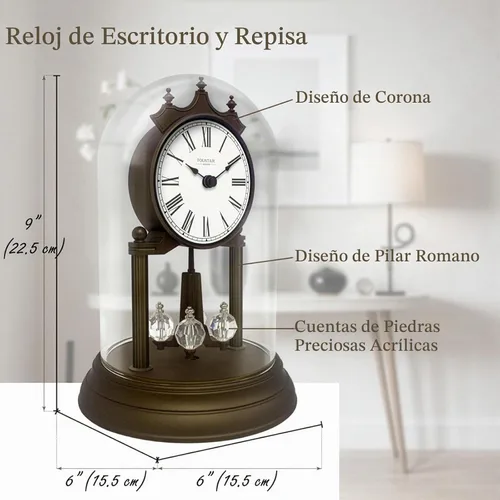 Vista 3 de Genevieve - Reloj de repisa de 9 pulgadas con péndulo giratorio, moderno reloj de aniversario, péndulo giratorio, regalos de boda, reloj