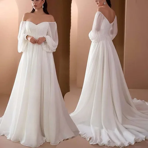 Vista 2 de NaRHbrg Vestido de gasa para mujer con cintura imperio, vestidos de dama de honor con hombros descubiertos, vestido de fiesta hasta el suelo, Verde