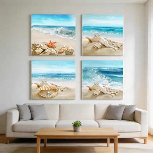 Vista 6 de Sandy Beach Shells - Lienzo con diseño de estrellas de mar y conchas de playa, arte de pared moderno, enmarcado para decoración de oficina en casa