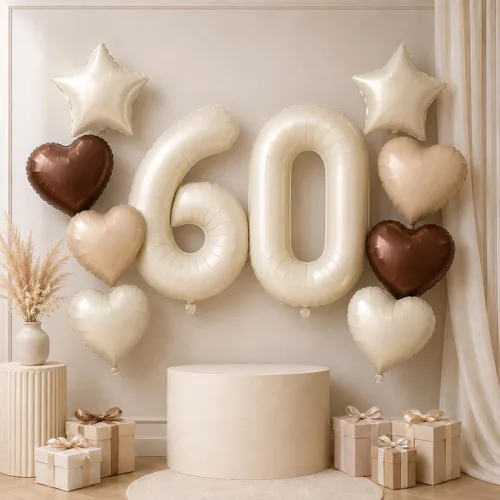 Vista 40 de Decoración de Globos Número 10 de 40 Pulgadas, Globos de Corazón Neutro de Papel de Aluminio Crema Retro Albaricoque Marrón con Globo de Helio