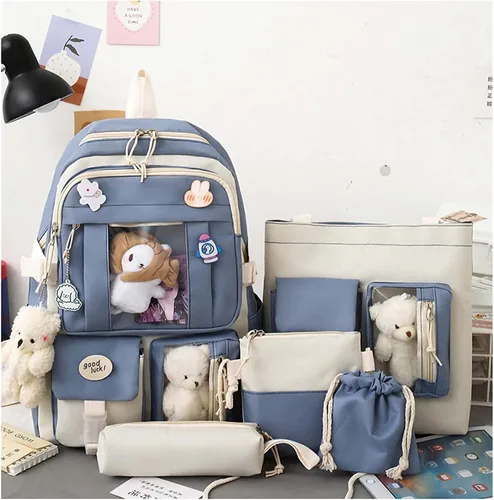 Vista 3 de Mochila Kawaii de 5 piezas, bolsa deportiva estética de 17 pulgadas con bonita mochila, bolsa de hombro, caja de lápices, bolsa de mano, bolsa
