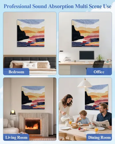 Vista 7 de Paquete de 4 paneles acústicos artísticos autoadhesivos para pared, 16 x 16 x 0.5 pulgadas, paneles acústicos decorativos para pared, paneles