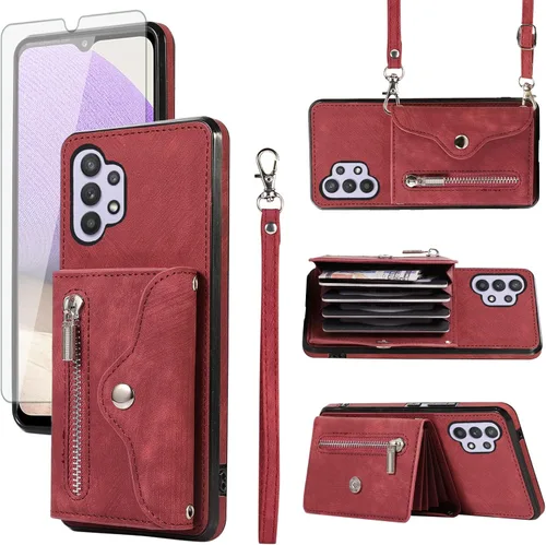 Vista 8 de Funda para teléfono Samsung Galaxy A32 5G 2021 de 6.5 pulgadas con correa cruzada para muñeca, cordón, soporte para tarjeta de crédito, accesorios