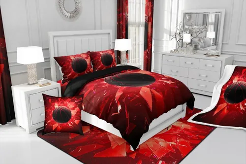 Vista 4 de Erosebridal Juego de funda de edredón de baloncesto, tamaño individual, color negro y rojo, juego de ropa de cama con bola 3D para niños, niños