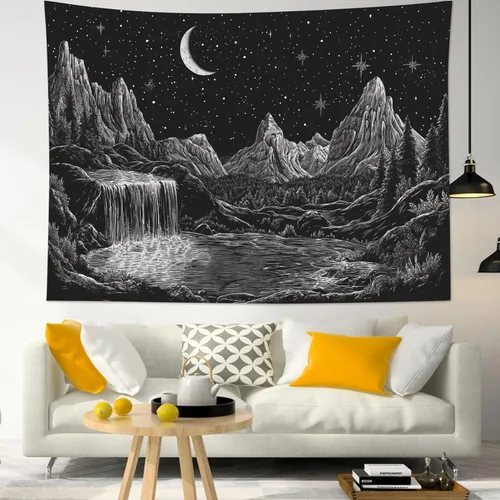 Vista 4 de HVEST Tapiz de montaña blanco y negro para colgar en la pared, diseño de luna psicodélica, galaxia, espacio, árbol, bosque, naturaleza, paisaje